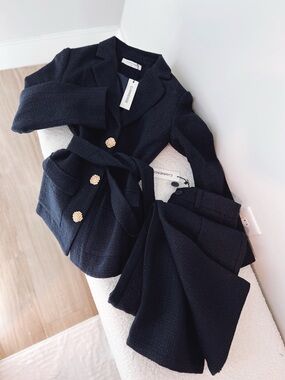 COMMENSE XS navy tweed belted suit $135msrp NEW WITH TAGS full set